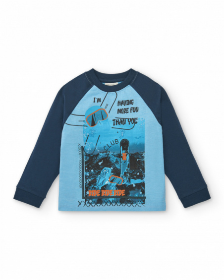 Camiseta niño de manga larga en azul con estampado gráfico