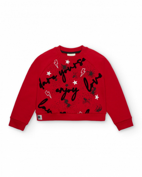 Sudadera roja con estampado de letras y estrellas para niña