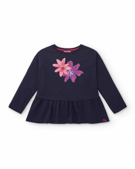 Camiseta azul marino con detalles florales para niña colección