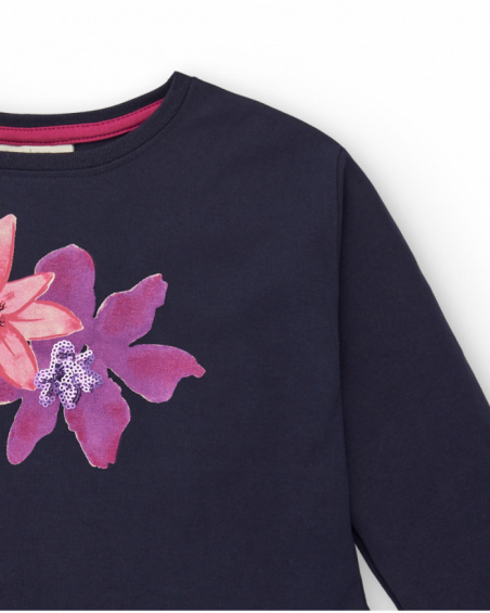 Camiseta azul marino con detalles florales para niña colección