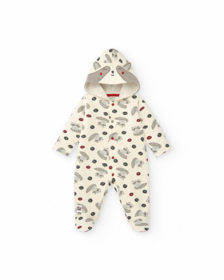 Pelele niño en blanco con estampado de mapaches y capucha