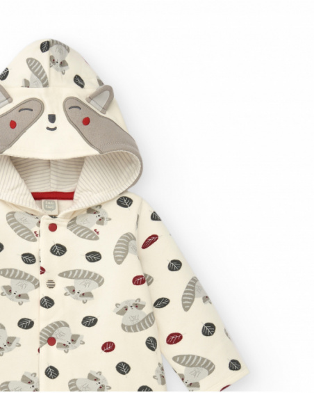 Pelele niño en blanco con estampado de mapaches y capucha