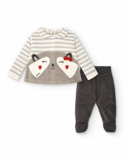 Conjunto de dos piezas para niña en gris con mapache bordado