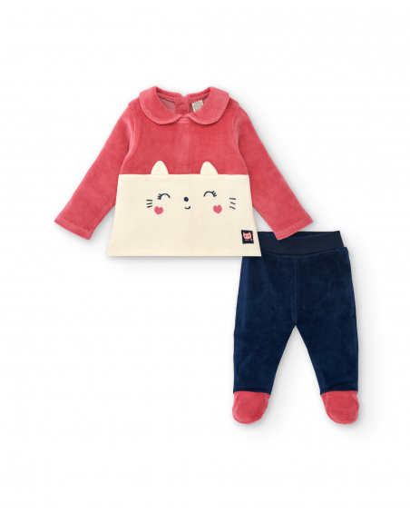 Conjunto para niña en rosa, crema y azul marino con diseño de