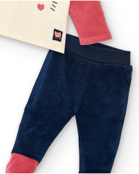 Conjunto para niña en rosa, crema y azul marino con diseño de