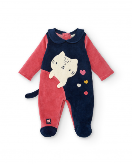 Pelele para niña en rosa y azul marino con diseño de gatito y