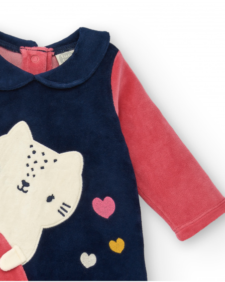 Pelele para niña en rosa y azul marino con diseño de gatito y