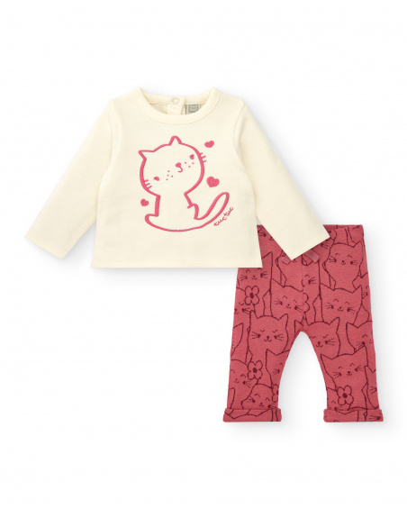 Conjunto para niña en crema y rosa con diseño de gatito