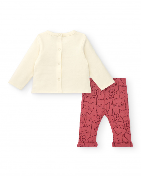 Conjunto para niña en crema y rosa con diseño de gatito