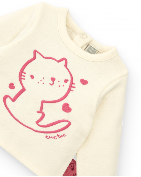 Conjunto para niña en crema y rosa con diseño de gatito