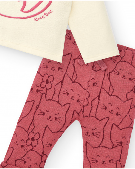 Conjunto para niña en crema y rosa con diseño de gatito