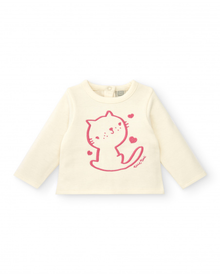Conjunto para niña en crema y rosa con diseño de gatito