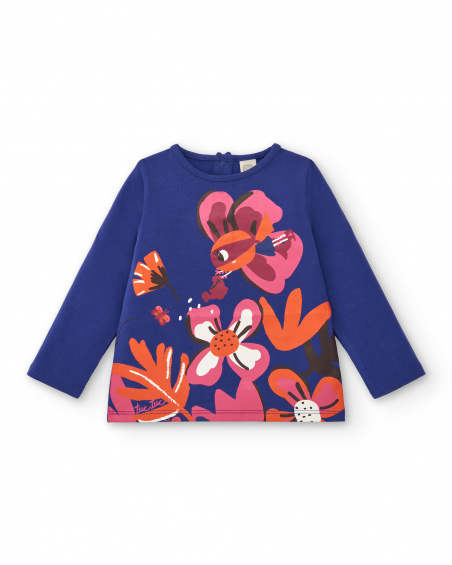 Camiseta de felpa para niña en azul con estampado floral Camiseta de felpa para niña en azul con estampado floral