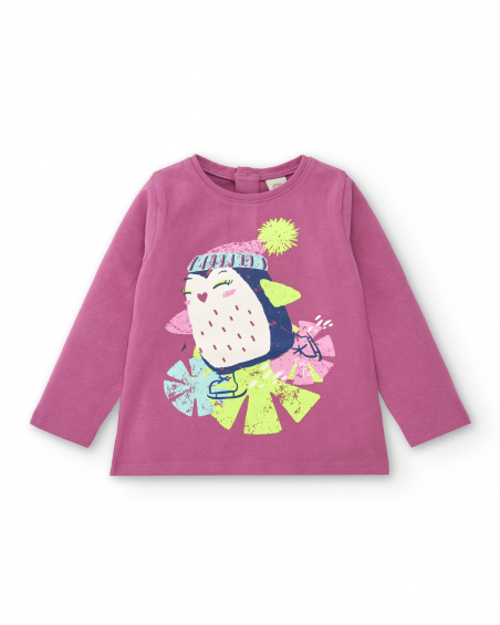 Camiseta de manga larga color rosa con estampado de pingüino