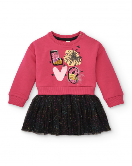 Vestido combinado de felpa y tul para niña en fucsia con Vestido combinado de felpa y tul para niña en fucsia con