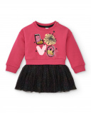 Vestido combinado de felpa y tul para niña en fucsia con Vestido combinado de felpa y tul para niña en fucsia con