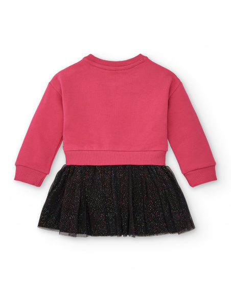 Vestido combinado de felpa y tul para niña en fucsia con Vestido combinado de felpa y tul para niña en fucsia con