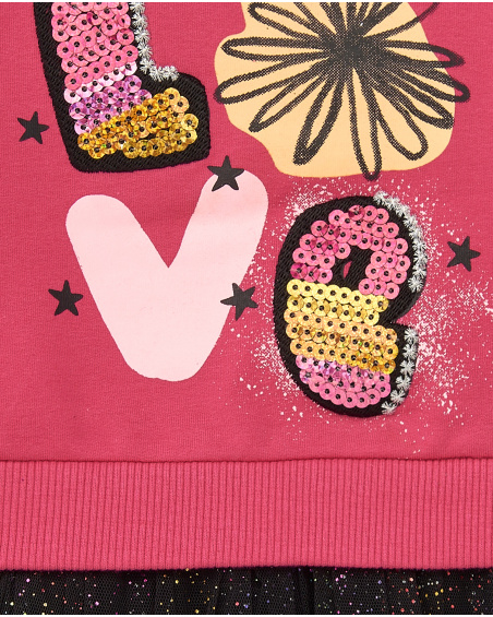 Vestido combinado de felpa y tul para niña en fucsia con Vestido combinado de felpa y tul para niña en fucsia con