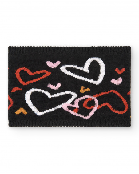 Braga cuello niña en negro con estampado de corazones colección