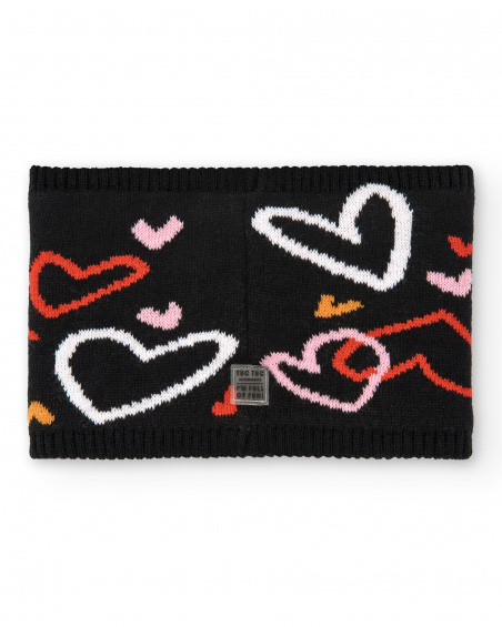 Braga cuello niña en negro con estampado de corazones colección