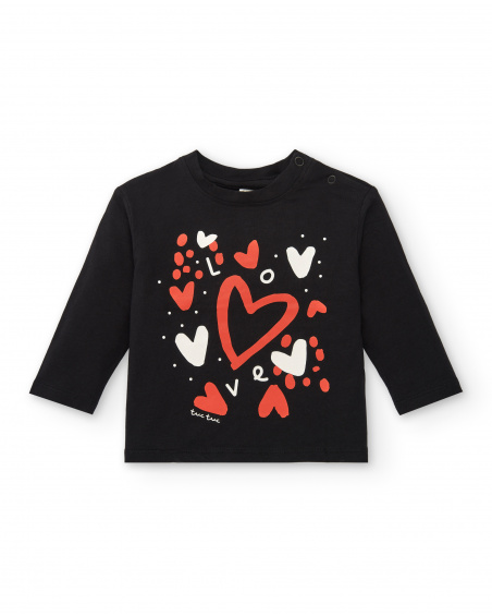 Camiseta negra con estampado de corazones rojos y blancos para Camiseta negra con estampado de corazones rojos y blancos para