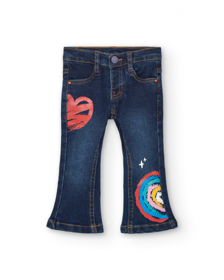 Pantalón denim niña en azul oscuro con ilustraciones creativas Pantalón denim niña en azul oscuro con ilustraciones creativas