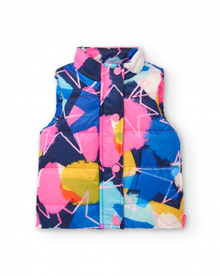Chaleco técnico niña en azul con estampado multicolor colección
