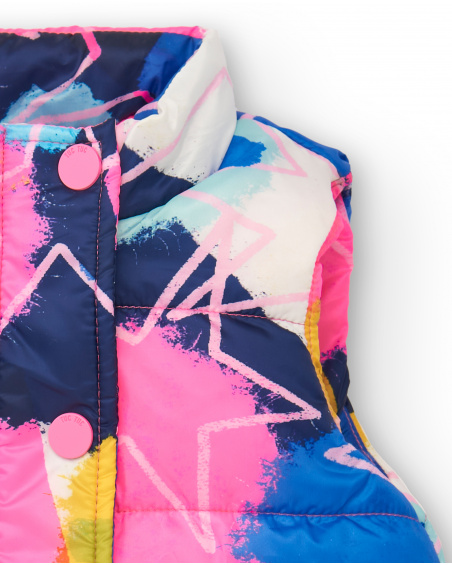 Chaleco técnico niña en azul con estampado multicolor colección
