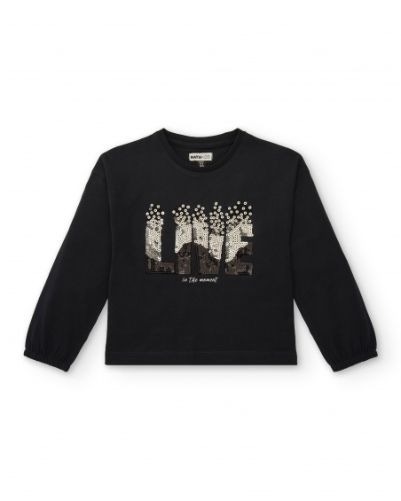 Camiseta manga larga niña en negro con aplicación de