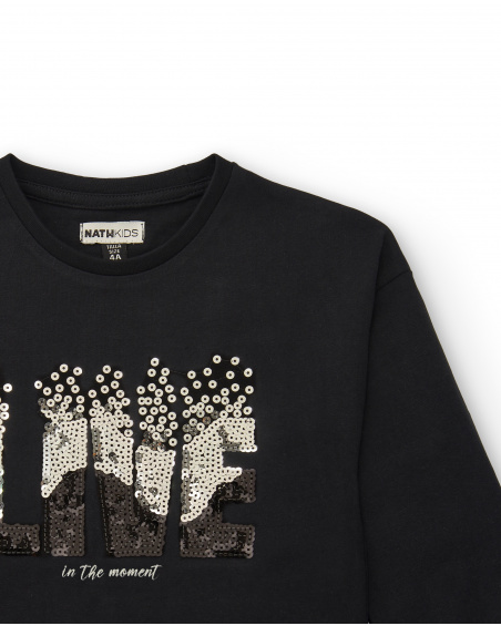 Camiseta manga larga niña en negro con aplicación de