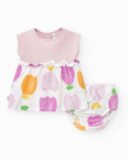 Conjunto de punto para niña con vestido sin mangas de estampado Conjunto de punto para niña con vestido sin mangas de estampado
