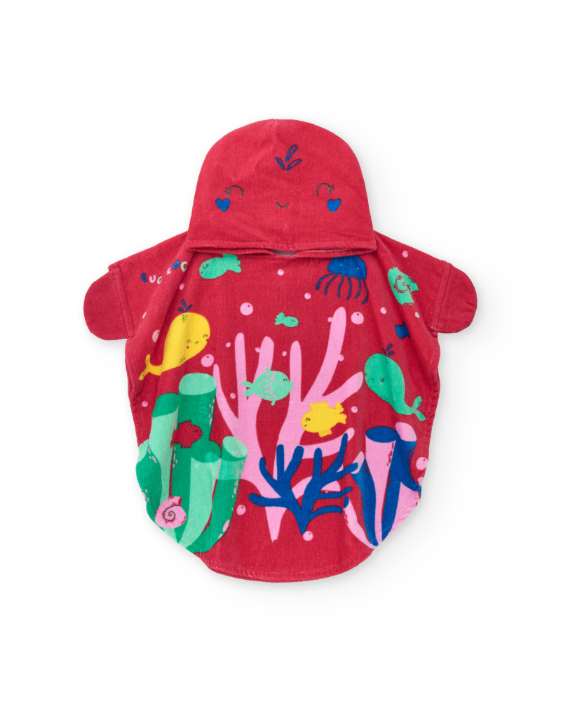 Toalla-poncho para niña con estampado marino y capucha bordada