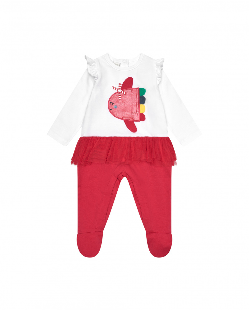 Pelele blanco para niña con aplique de pez y falda de tul roja