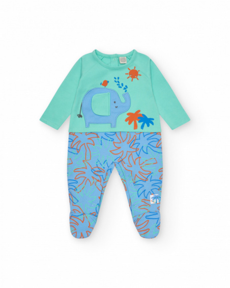 Pelele verde para niño con estampado de palmeras, elefante y sol Pelele verde para niño con estampado de palmeras, elefante y sol