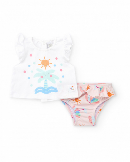 Conjunto de baño para niña con camiseta blanca de palmera y Conjunto de baño para niña con camiseta blanca de palmera y