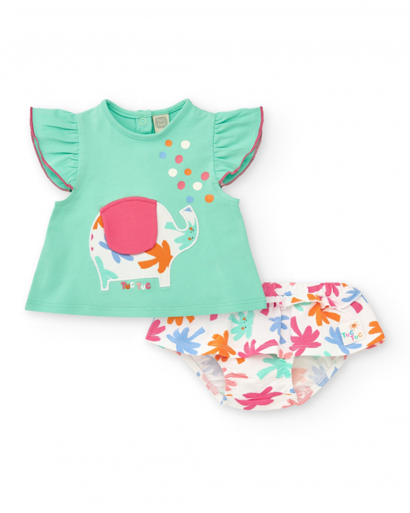 Conjunto verde para niña con camiseta de elefante y braguita