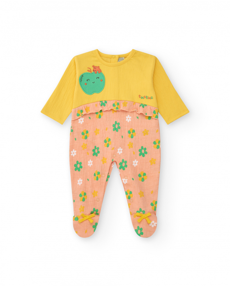 Pelele amarillo para niña con manzana bordada y parte rosa