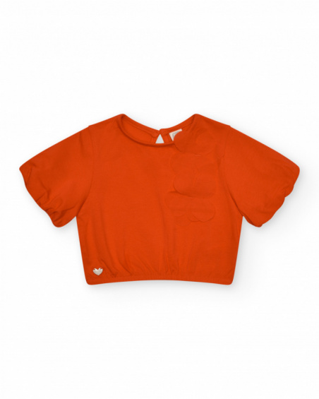 Camiseta naranja para niña con flor y mangas abullonadas Camiseta naranja para niña con flor y mangas abullonadas