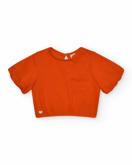 Camiseta naranja para niña con flor y mangas abullonadas Camiseta naranja para niña con flor y mangas abullonadas