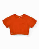 Camiseta naranja para niña con flor y mangas abullonadas Camiseta naranja para niña con flor y mangas abullonadas