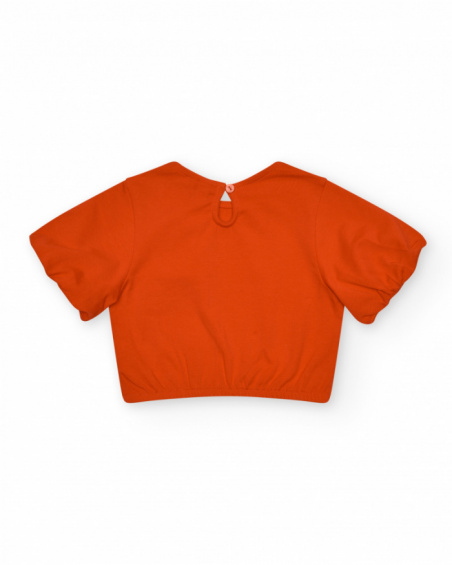 Camiseta naranja para niña con flor y mangas abullonadas Camiseta naranja para niña con flor y mangas abullonadas