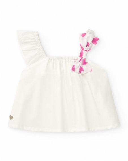 Camisa blanca para niña con lazo rosa estampado Camisa blanca para niña con lazo rosa estampado