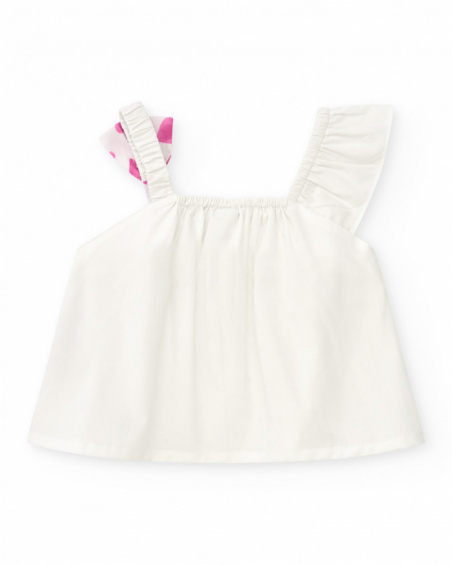Camisa blanca para niña con lazo rosa estampado Camisa blanca para niña con lazo rosa estampado