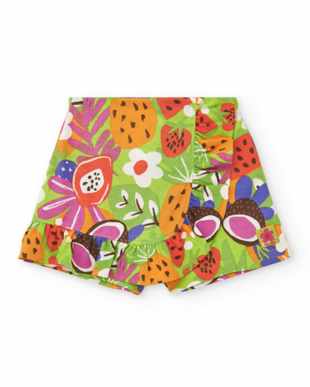 Pantalón corto verde para niña con estampado frutal y volantes Pantalón corto verde para niña con estampado frutal y volantes