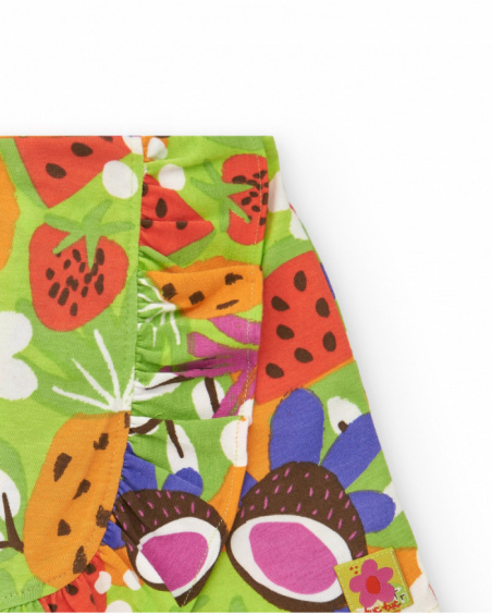 Pantalón corto verde para niña con estampado frutal y volantes Pantalón corto verde para niña con estampado frutal y volantes