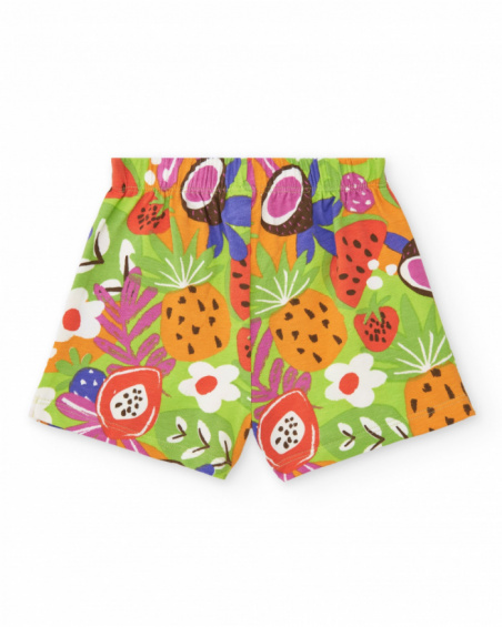 Pantalón corto verde para niña con estampado frutal y volantes Pantalón corto verde para niña con estampado frutal y volantes