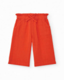 Pantalón culotte naranja para niña con cintura fruncida y lazo Pantalón culotte naranja para niña con cintura fruncida y lazo