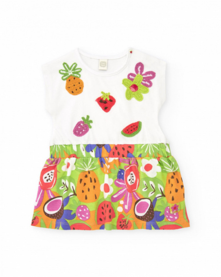 Vestido para niña con top blanco bordado y falda de frutas Vestido para niña con top blanco bordado y falda de frutas
