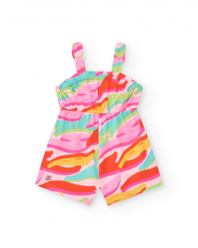 Mono rosa para niña con estampado tropical y cintura elástica