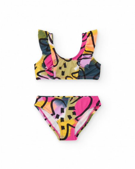 Bikini para niña en lila con estampado multicolor Bikini para niña en lila con estampado multicolor